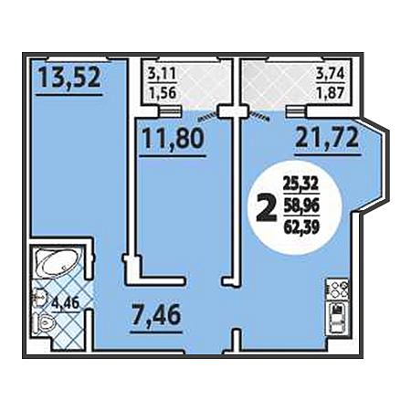 2 комнатная 62.39м²