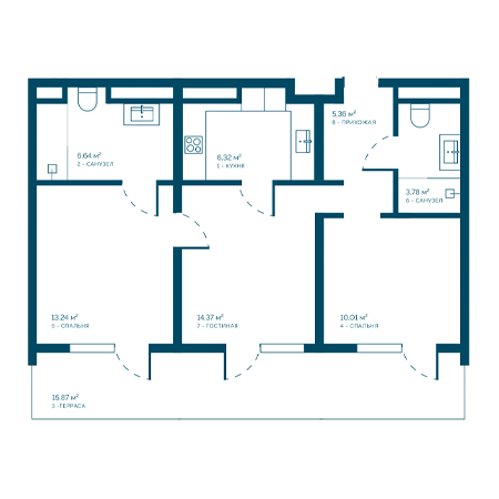 3 комнатная 75.59м²