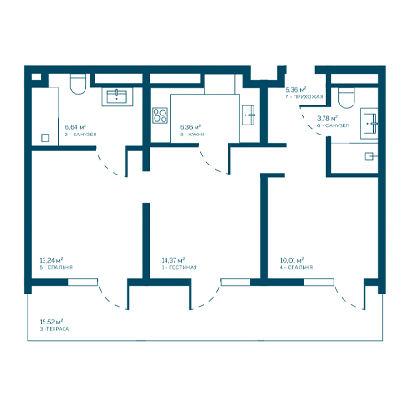 3 комнатная 75.28м²