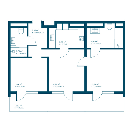 3 комнатная 75.6м²