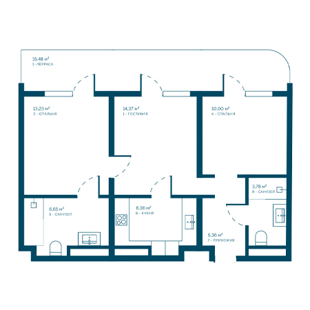 3 комнатная 75.23м²