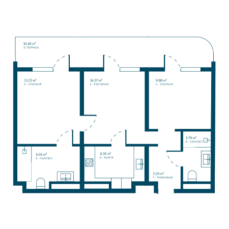 3 комнатная 75.21м²