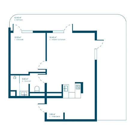 1 комнатная 102.64м²