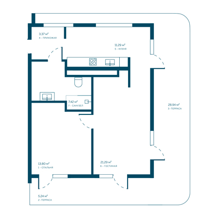 2 комнатная 91.35м²