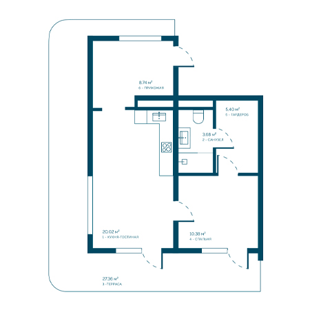 1 комнатная 75.58м²