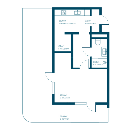 1 комнатная 74.69м²