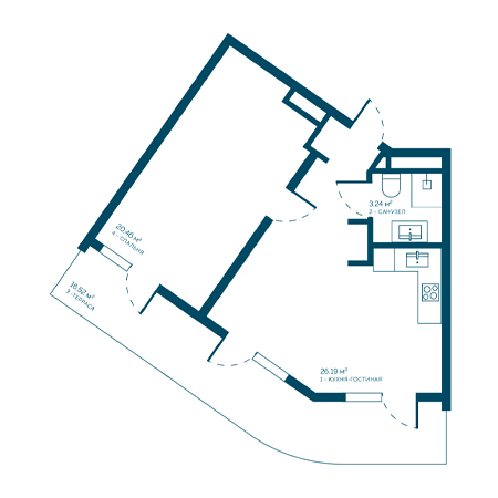 1 комнатная 66.41м²