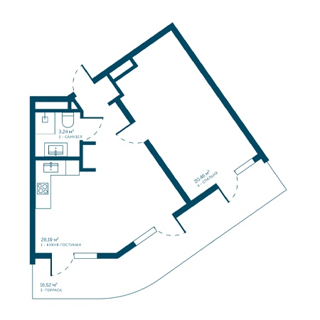 1 комнатная 66.41м²