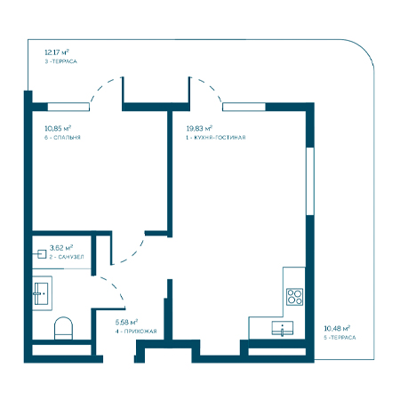 1 комнатная 62.53м²