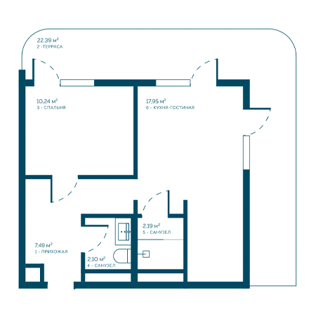 1 комнатная 62.36м²