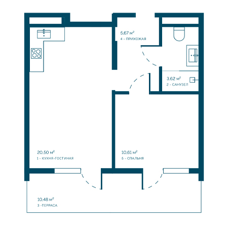 1 комнатная 50.88м²