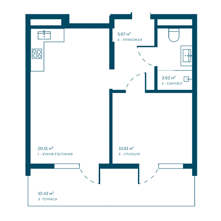 1 комнатная 50.84м²