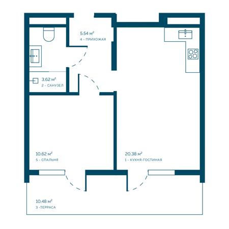 1 комнатная 50.64м²