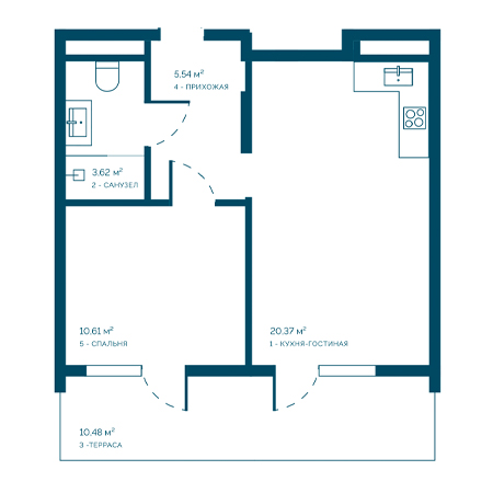 1 комнатная 50.62м²