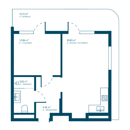 1 комнатная 50.58м²