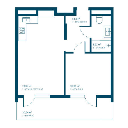 1 комнатная 50.44м²