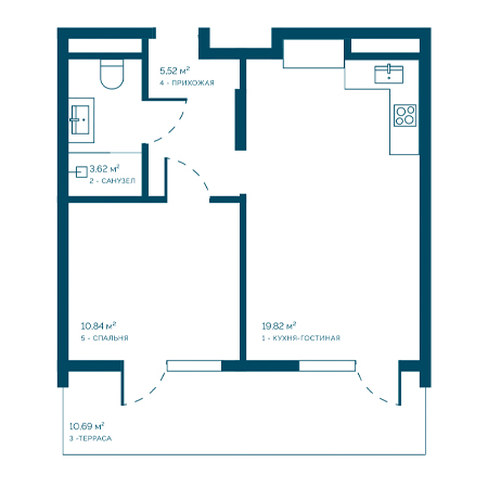 1 комнатная 50.49м²