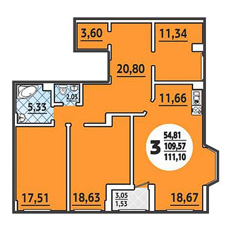 3 комнатная 111.1м²