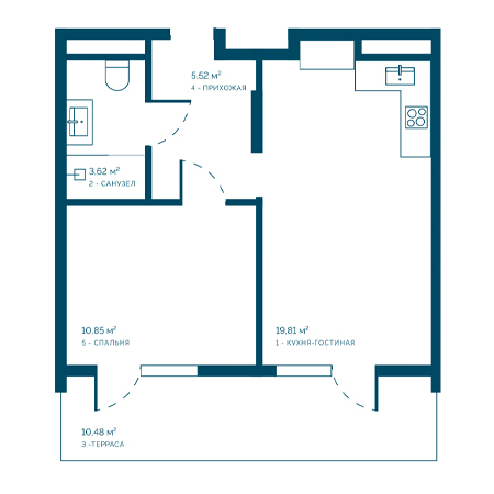 1 комнатная 50.28м²