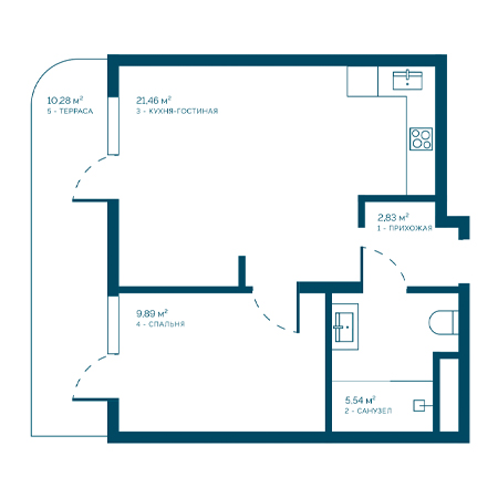 1 комнатная 50.01м²