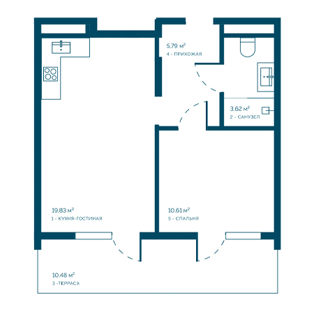 1 комнатная 50.33м²