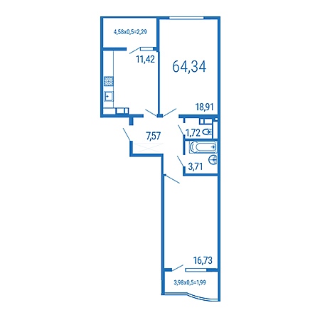 2 комнатная 64.34м²