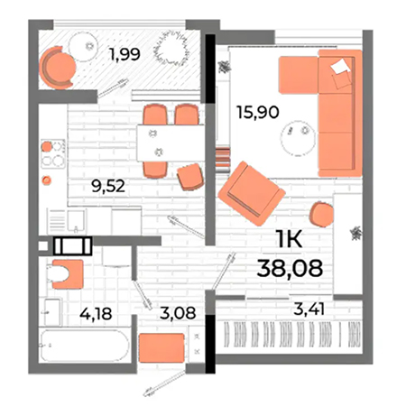 1 комнатная 38.08м²