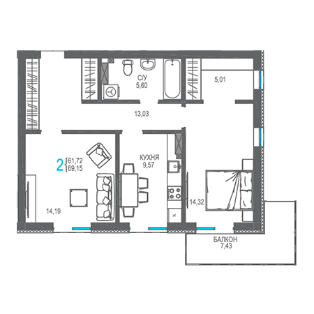 2 комнатная 69.15м²