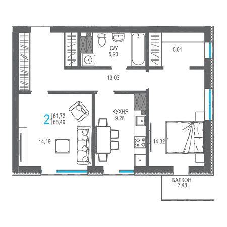 2 комнатная 68.49м²