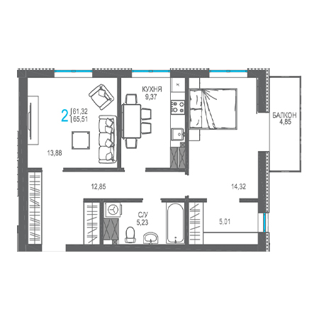 2 комнатная 65.51м²