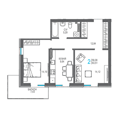 2 комнатная 63.51м²