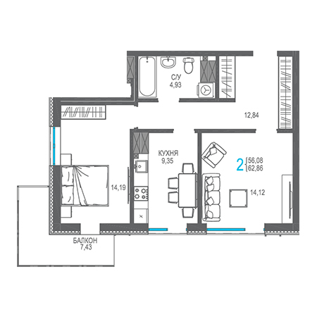 2 комнатная 62.86м²