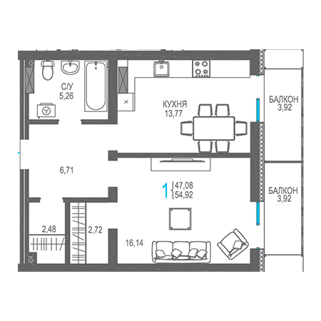 1 комнатная 54.92м²