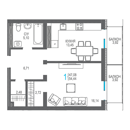 1 комнатная 54.44м²