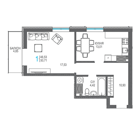 1 комнатная 50.71м²