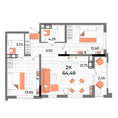 2 комнатная 64.48м²