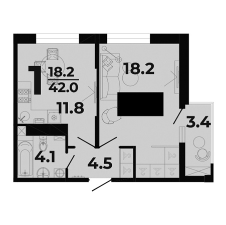 1 комнатная 42м²