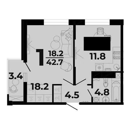 1 комнатная 42.7м²