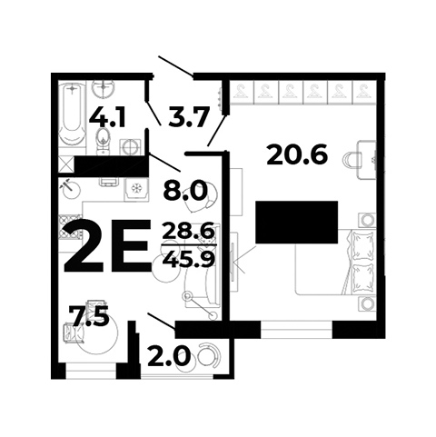 1 комнатная 45.9м²