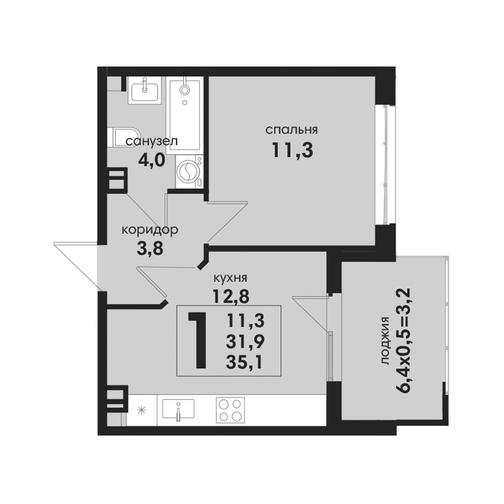 1 комнатная 35.1м²