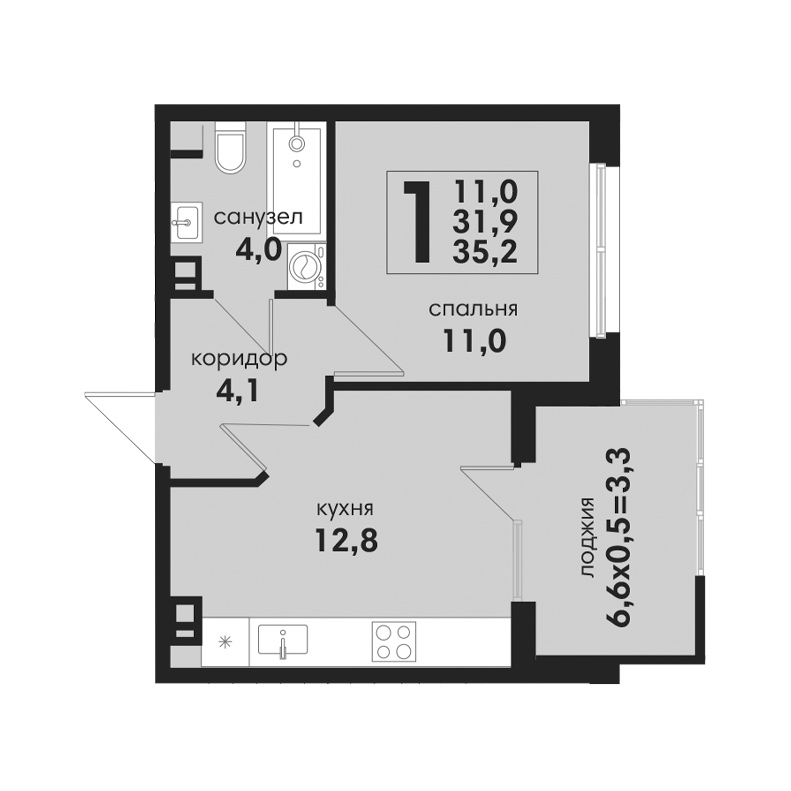 1 комнатная 35.2м²