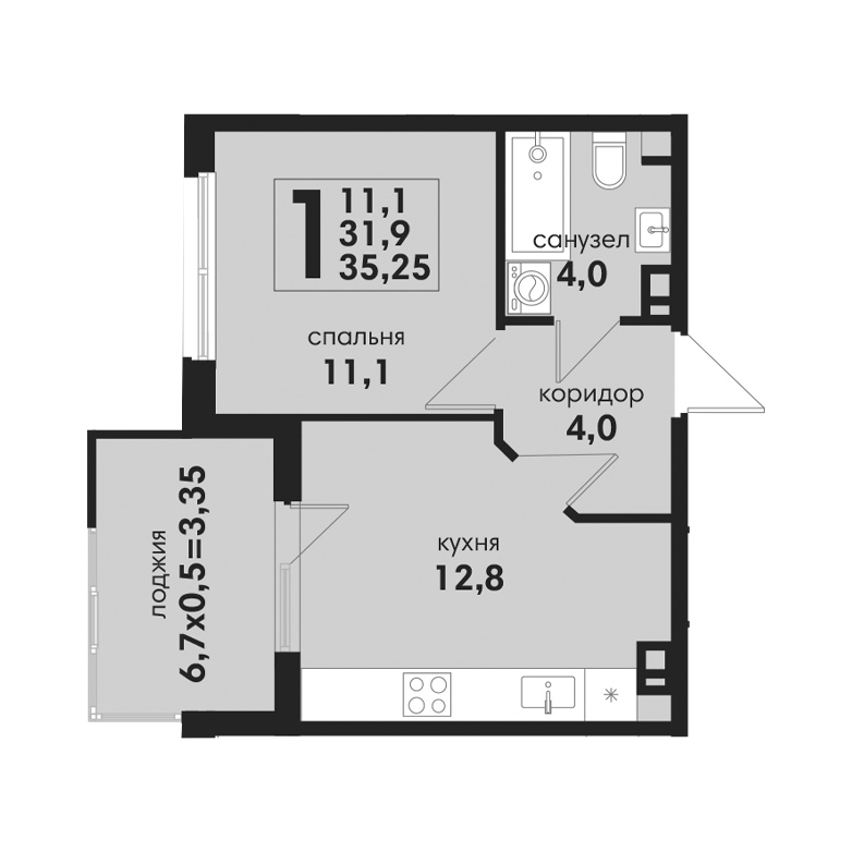 1 комнатная 35.25м²