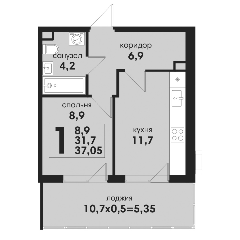 1 комнатная 37.05м²