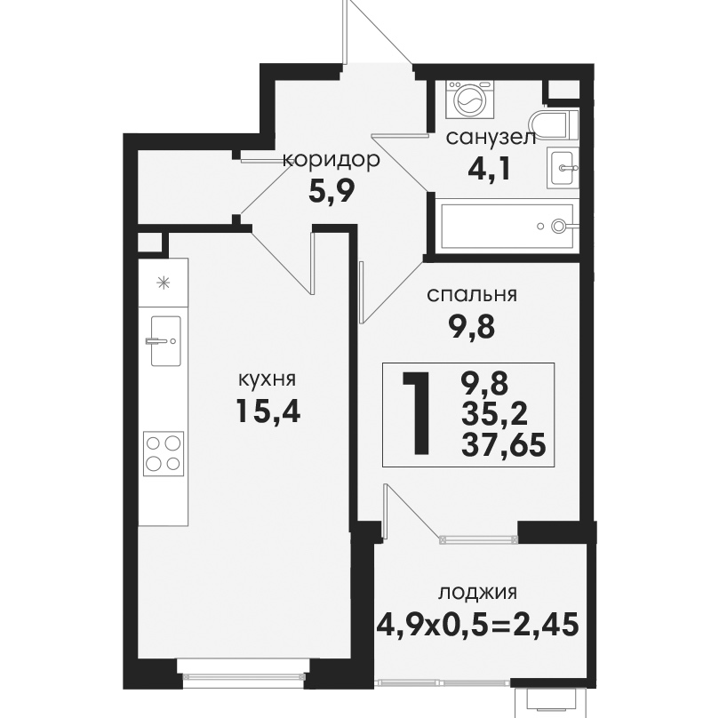 1 комнатная 37.65м²