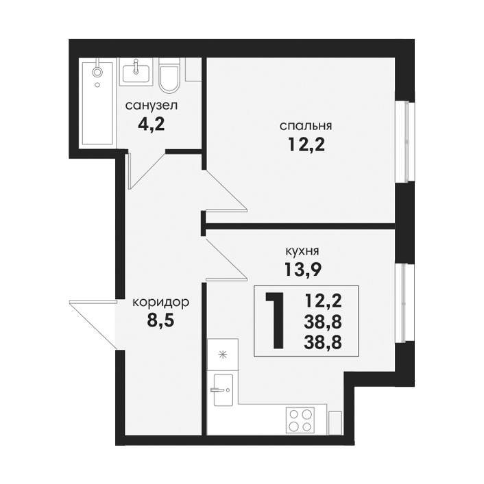 1 комнатная 38.8м²