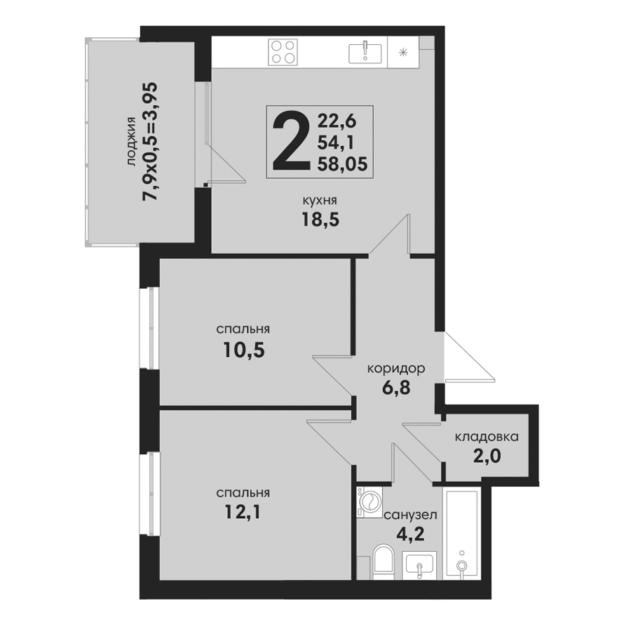 2 комнатная 58.05м²