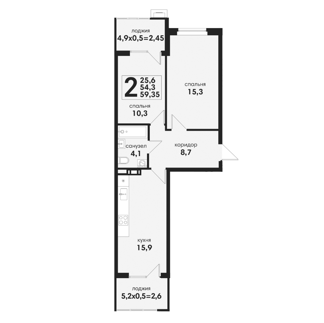 2 комнатная 59.35м²