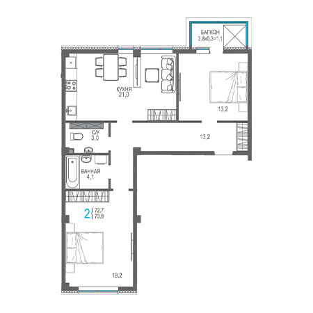 2 комнатная 73.8м²