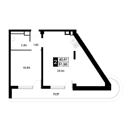 1 комнатная 51.9м²