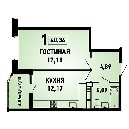 1 комнатная 40.36м²